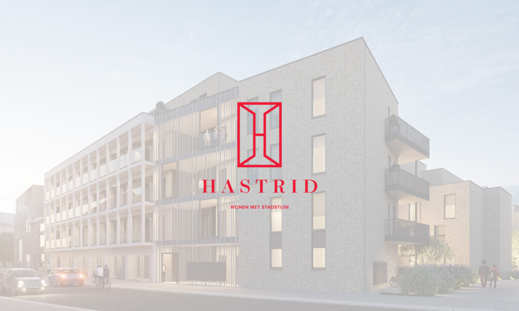Hastrid hasselt logo overlay op 3d render buitenkant gebouw